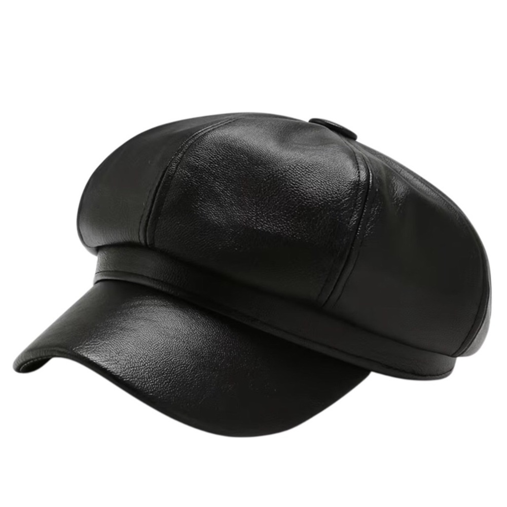 Black Faux Leather Newsboy Beret Hat
